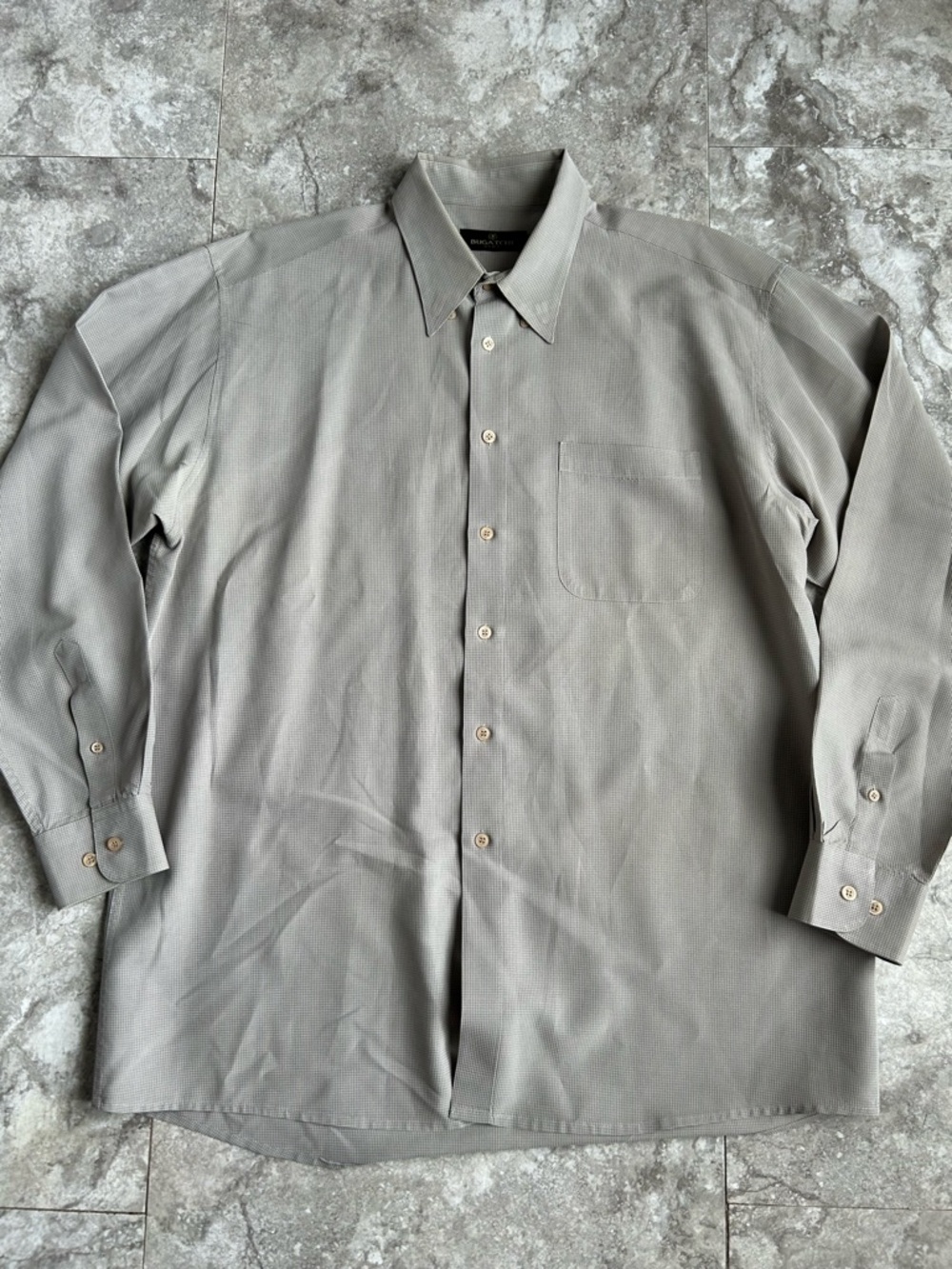 Bugatchi Uomo Men’s 17 34/35 Beige Micro-Check Long Sleeve Dress Shirt